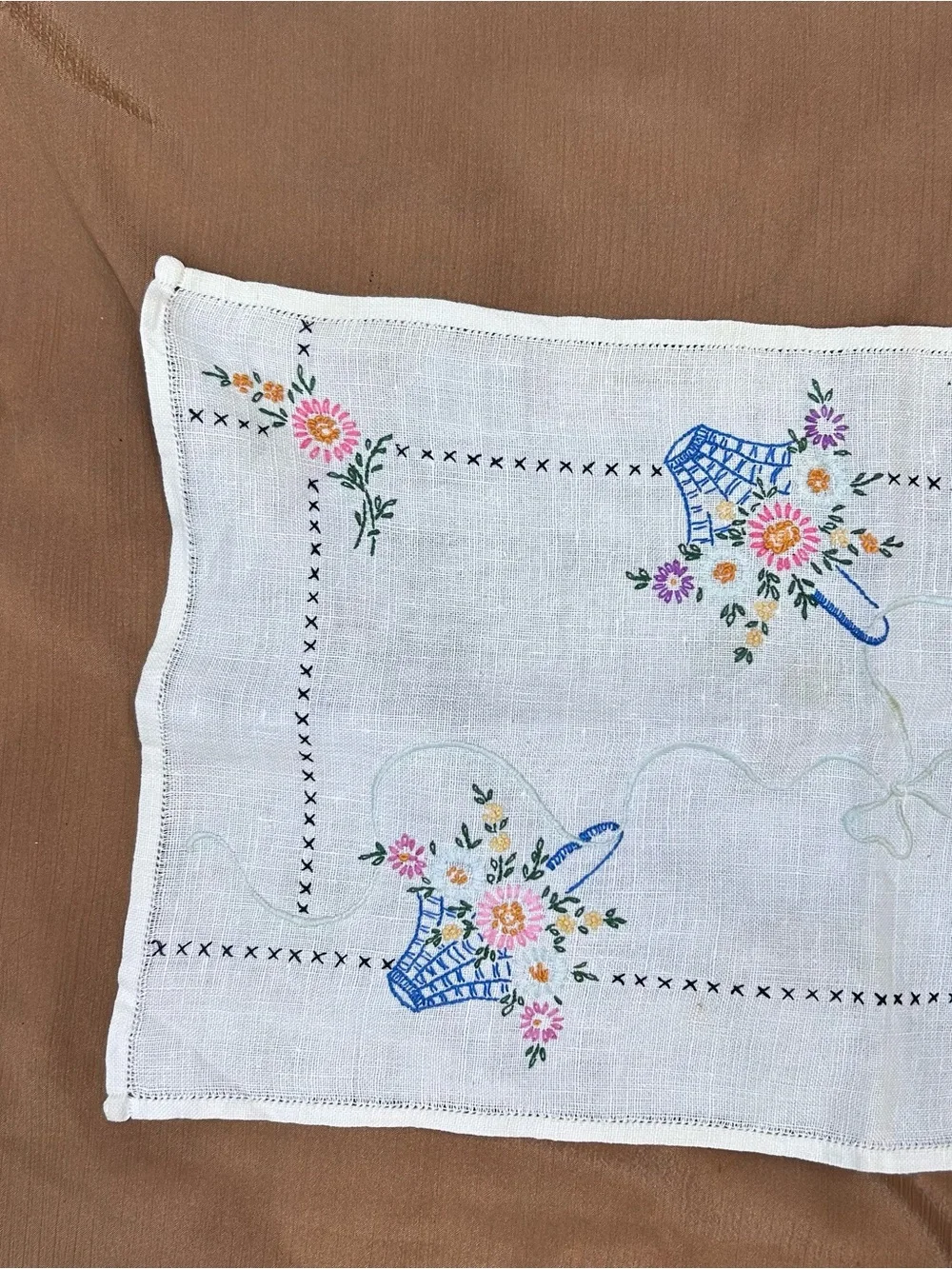 Vintage Hand-embroidered Runner Basket Floral Cross Stitch 40